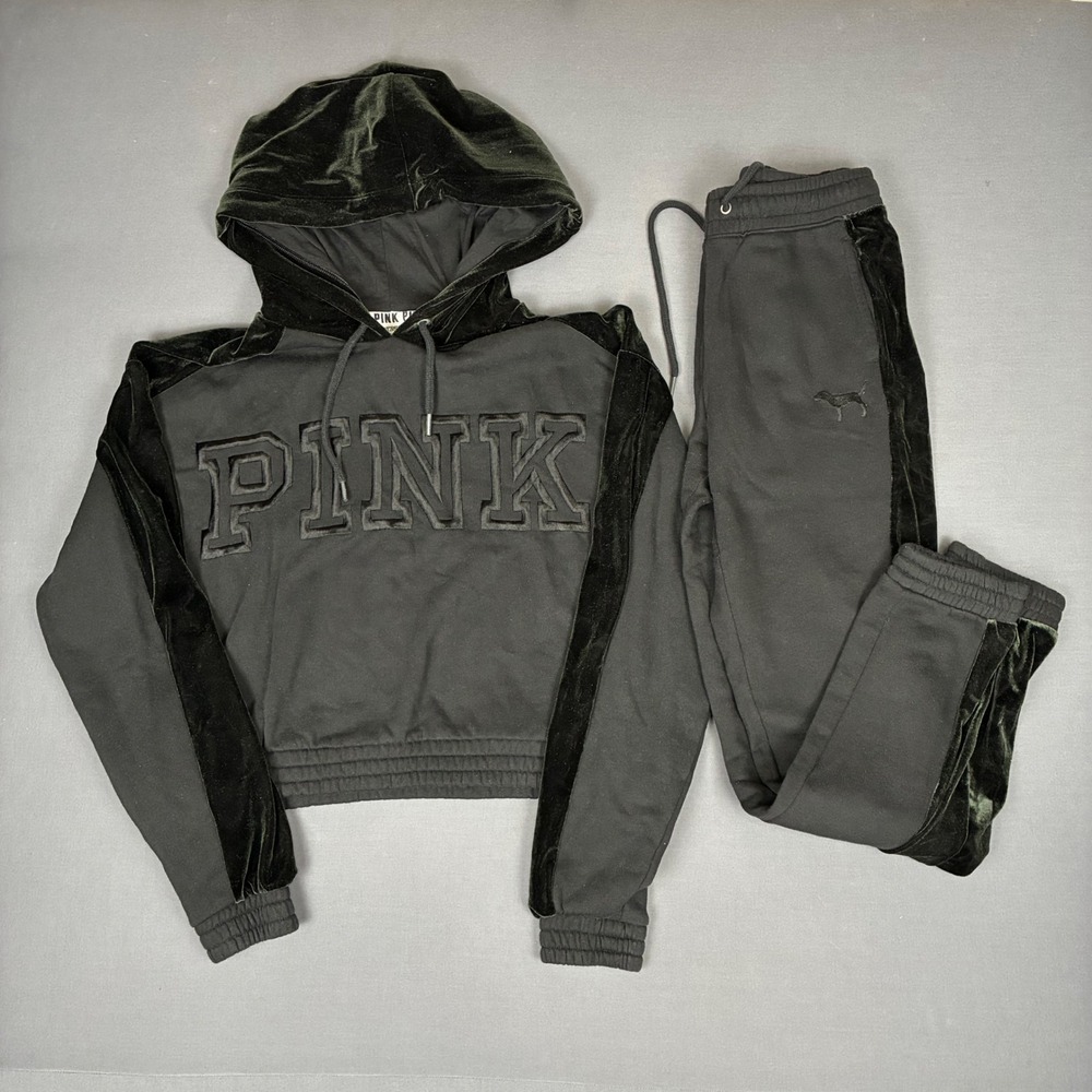 Victoria Secret PINK Velvet Hoodie & Sweatpants Full Tracksuit Set Black